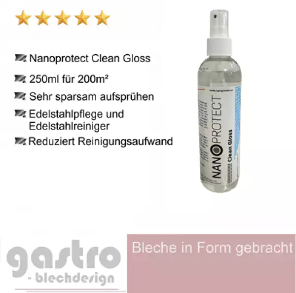 Flasche Clean Gloss 250 ml Edelstahlpflege vor glänzender Edelstahloberfläche